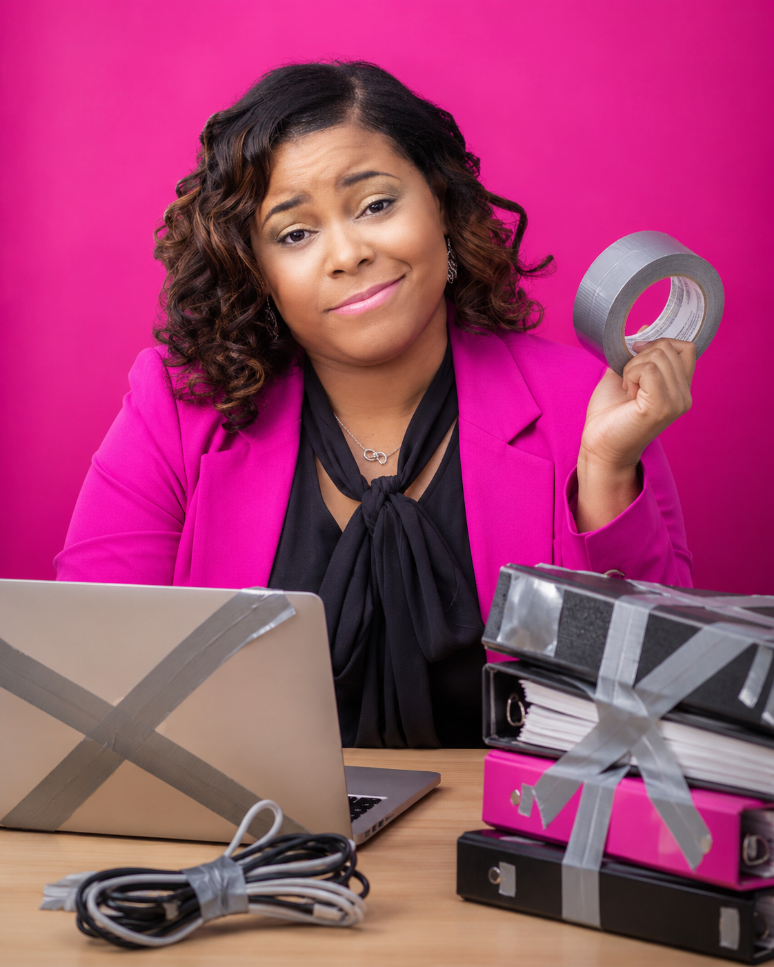 Sharon Marie peeling a strip of duct tape off her mouth with a knowing look, magenta blazer on a magenta backdrop