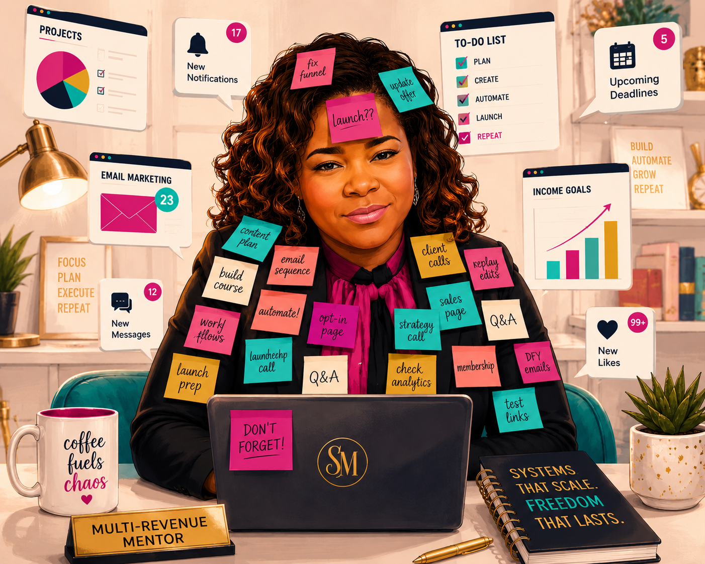 Illustrated Sharon covered in sticky notes at her desk, one note on her forehead reading launch, browser tabs floating around her