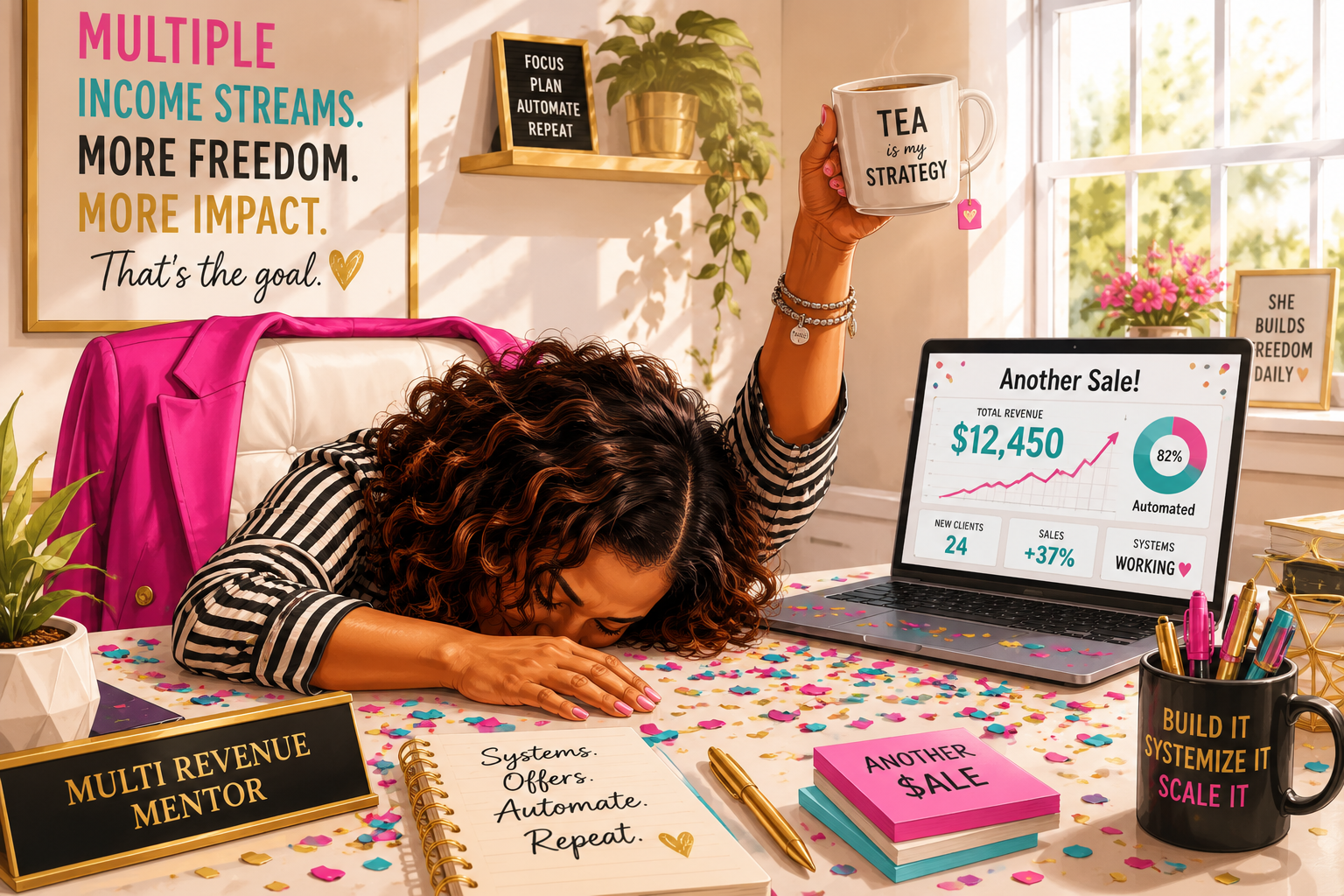 Illustrated Sharon slumped face down over her desk after a launch month, one arm still holding a mug of tea perfectly level, confetti on the desk