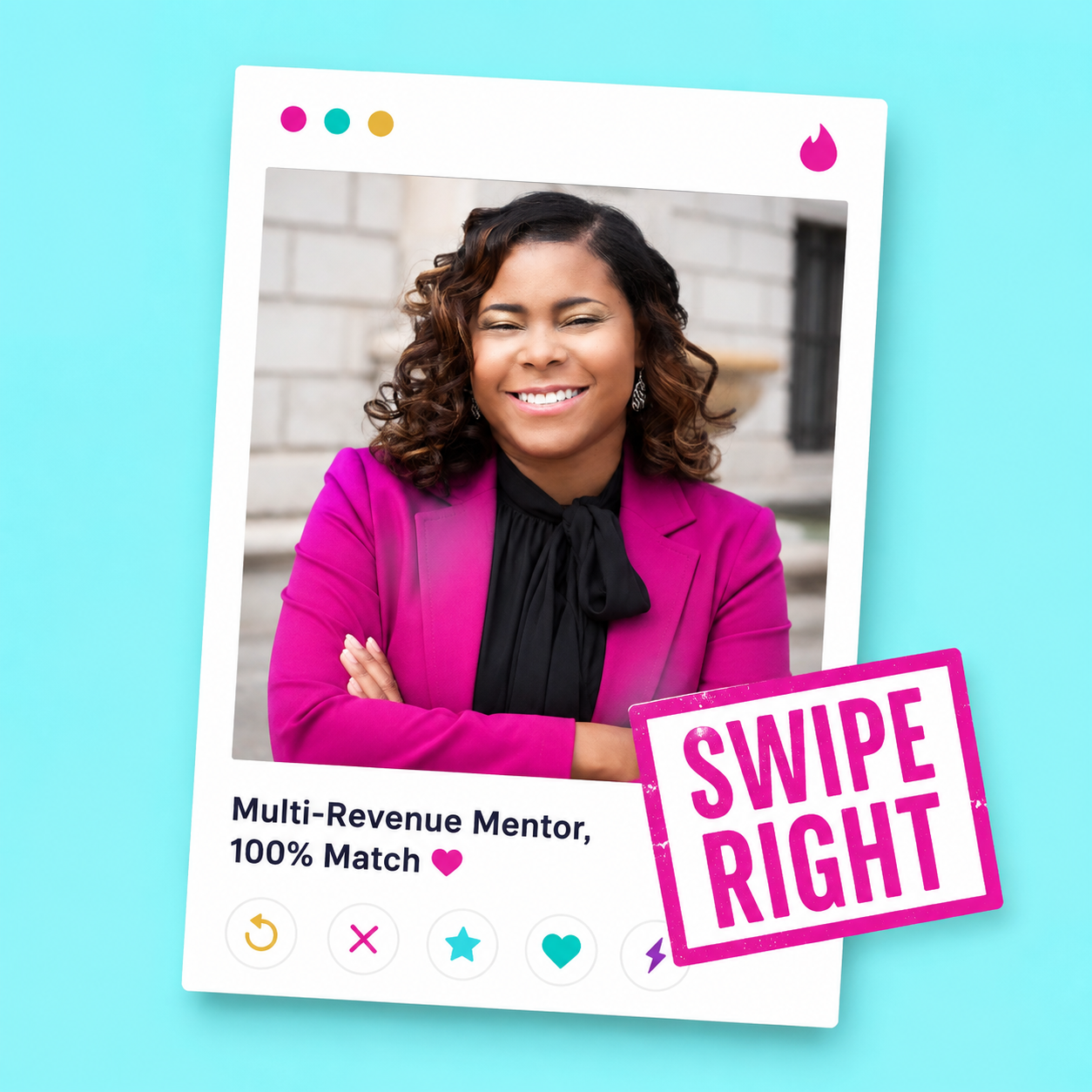 Dating app style profile card of Sharon Marie labeled Multi-Revenue Mentor, 100 percent match, with a magenta swipe right badge