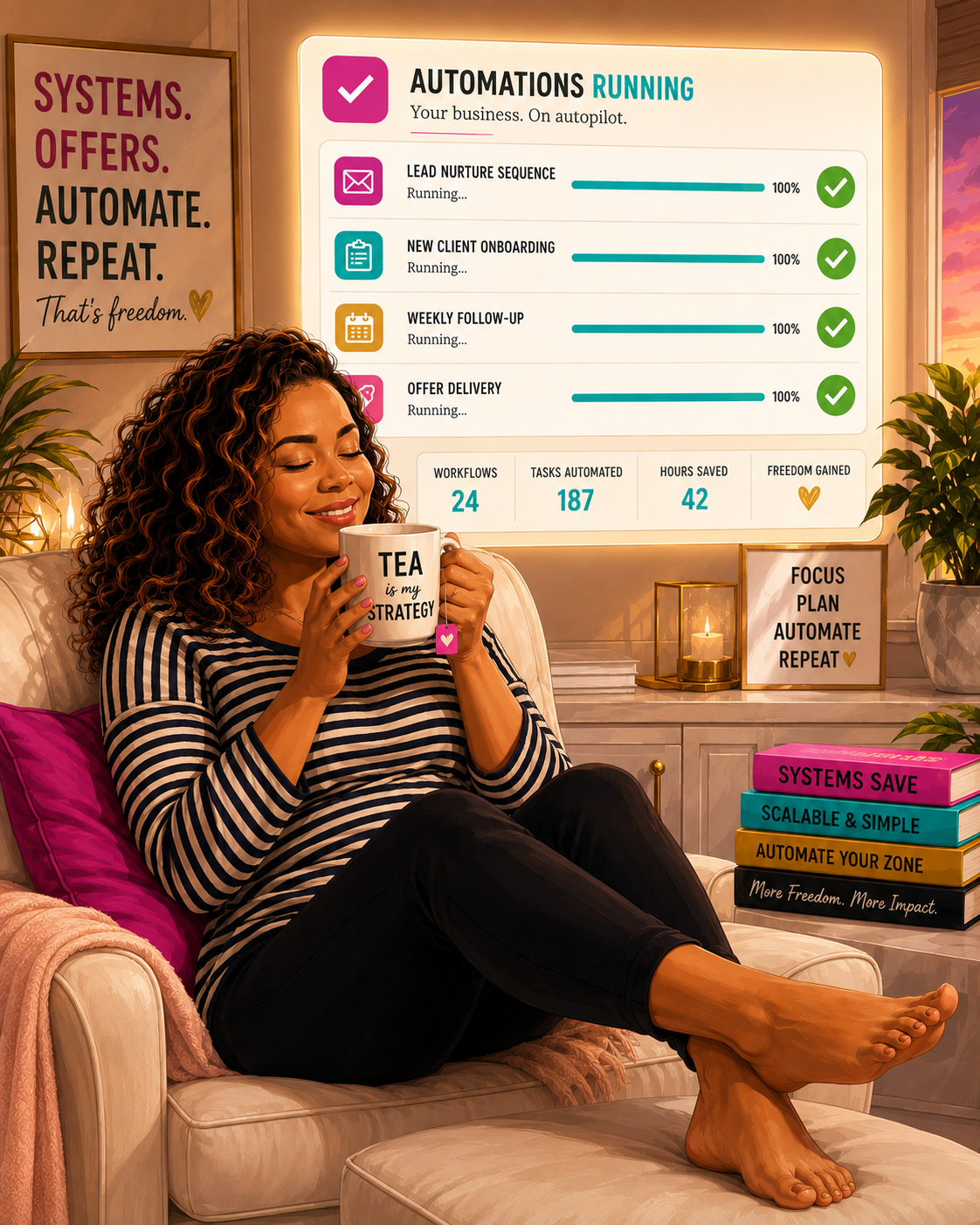 Illustrated Sharon relaxing in a cozy chair with tea while a glowing dashboard behind her shows automated workflows running with green checkmarks